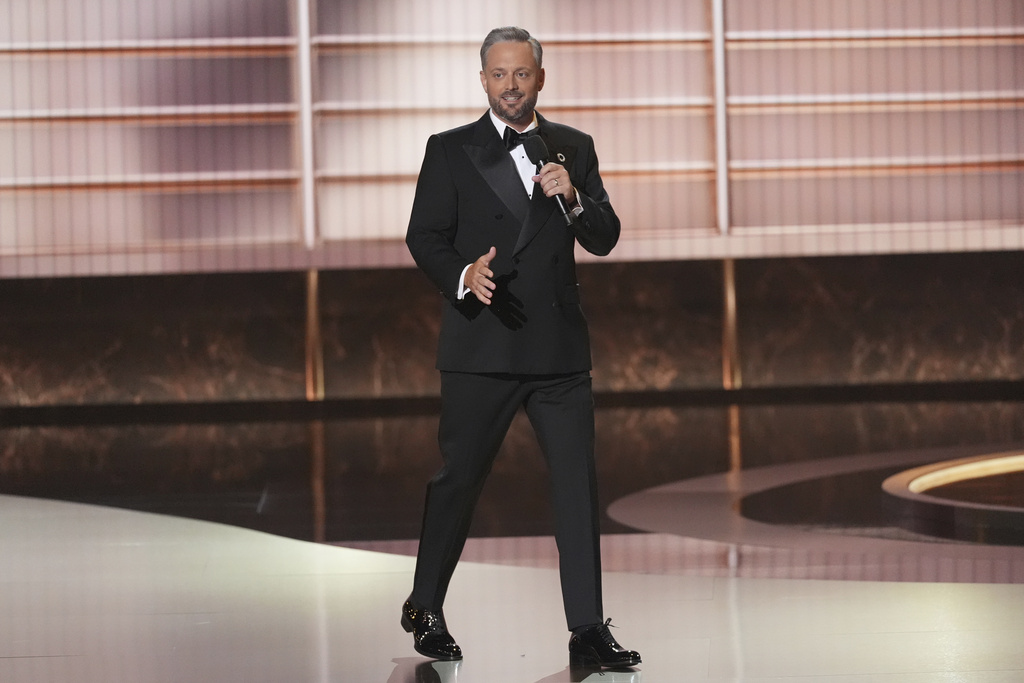 Host Nate Bargatze speaks during the 77th Primetime Emmy Awards on Sunday, Sept. 14, 2025, at the Peacock Theater in Los Angeles. (AP Photo/Chris Pizzello)