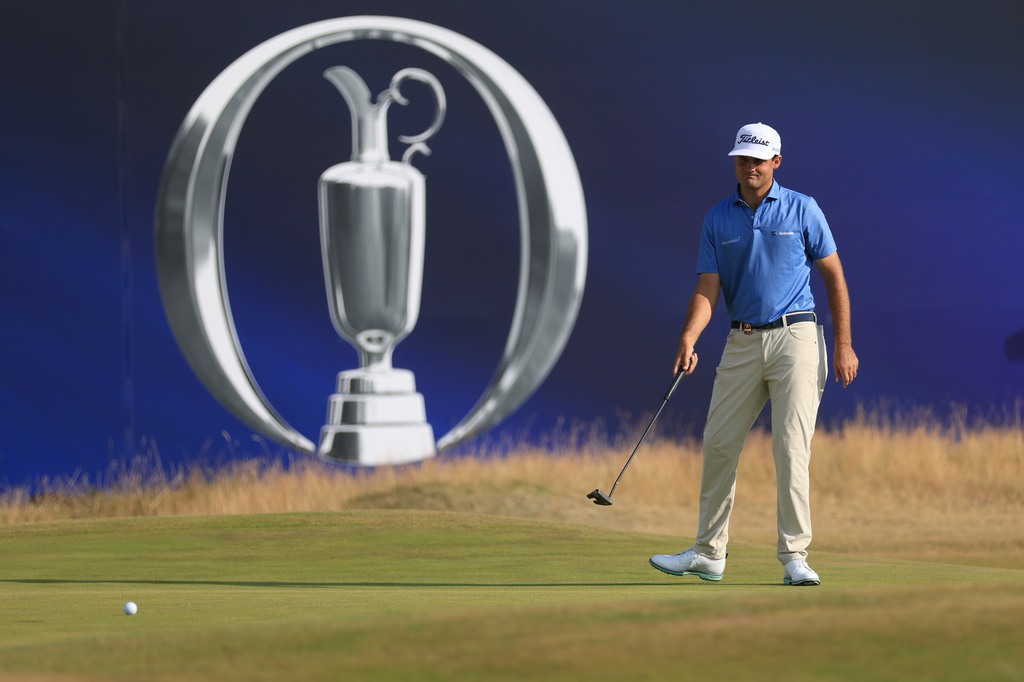 Jackson Suber of the United States putts win the 18th green during the first day of the British Open Golf championships at Royal Birkdale golf club, in Southport, England, Thursday, July 16, 2026. (AP Photo/Peter Morrison)