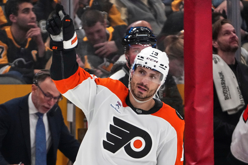 Philadelphia Flyers' Garnet Hathaway celebrates after scoring during the second period of Game 2 in the first round of the NHL Stanley Cup playoffs against the Pittsburgh Penguins in Pittsburgh, Monday, April 20, 2026. (AP Photo/Gene J. Puskar)