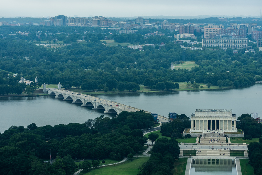 Memorial Circle, where President Donald Trump has proposed building an arch to commemorate the United States' 250th anniversary, the Arlington Memorial Bridge and the Lincoln Memorial are seen from the Washington Monument, Thursday, July 9, 2026, in Washington. (AP Photo/Julia Demaree Nikhinson)