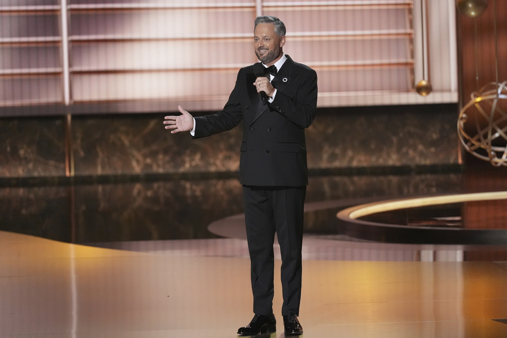 Host Nate Bargatze speaks during the 77th Primetime Emmy Awards on Sunday, Sept. 14, 2025, at the Peacock Theater in Los Angeles. (AP Photo/Chris Pizzello)