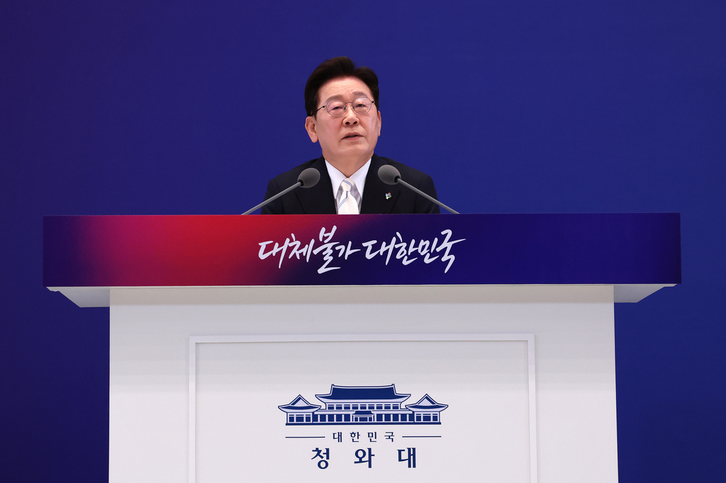 South Korean President Lee Jae Myung speaks during a press conference to mark the first anniversary of his inauguration in Seoul Monday, June 8, 2026. (Chung Sung-Jun/Pool Photo via AP)