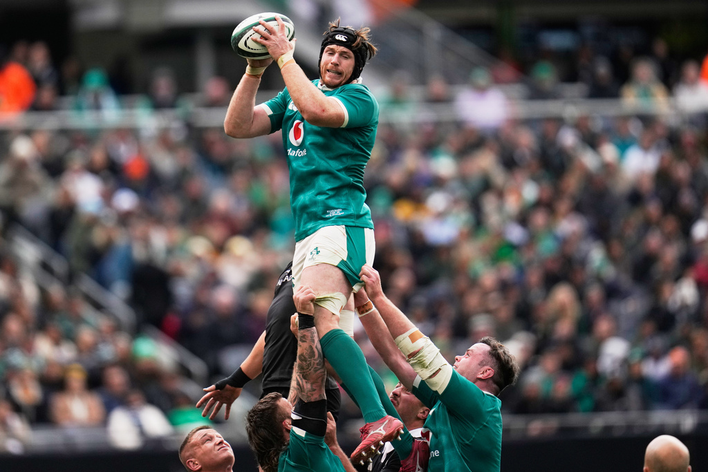 Ireland's Ryan Baird wins a lineout during the rugby international between the All Blacks and Ireland in Chicago, Saturday, Nov. 1, 2025. (AP Photo/Erin Hooley)