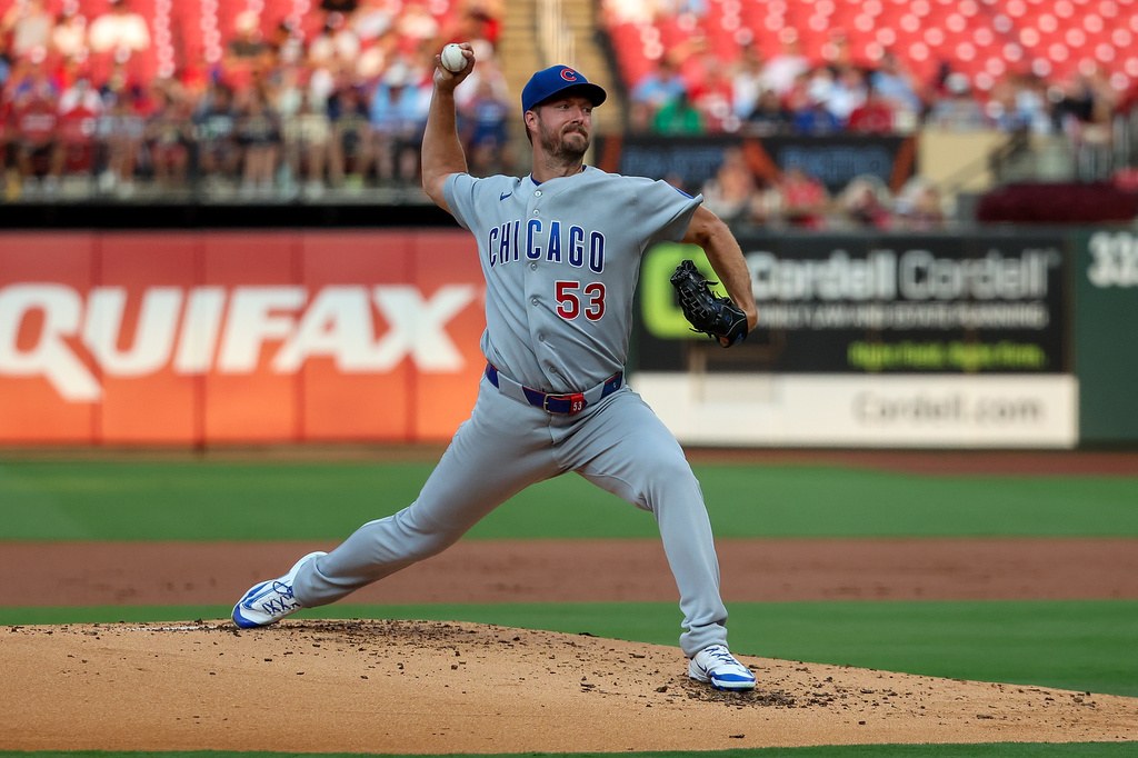 Chicago Cubs starting pitcher Colin Rea throws during the first inning of a baseball game against the St. Louis Cardinals Tuesday, July 28, 2026, in St. Louis. (AP Photo/Scott Kane)