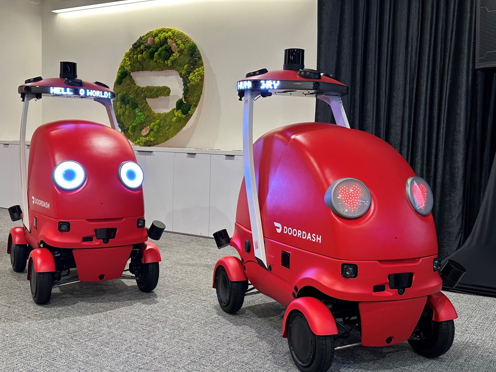 Delivery service DoorDash displays its new delivery robots called Dots on Sept. 29, 2025, at DoorDash headquarters in San Francisco. (AP Photo/Michael Liedtke)