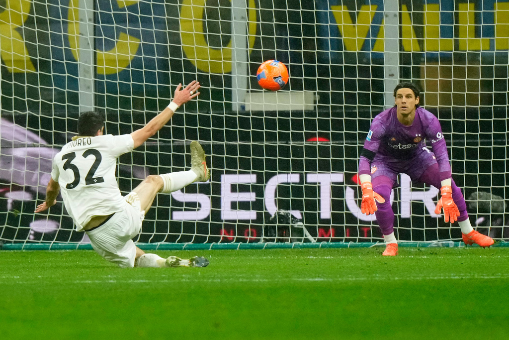Pisa's Stefano Moreo shoots on goal during a Serie A soccer match between Inter Milan and Pisa, in Milan, Italy, Friday, Jan. 23, 2026. (AP Photo/Luca Bruno)