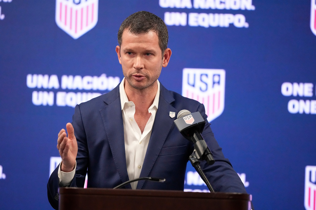 FILE - JT Batson, CEO of U.S. Soccer, speaks during a news conference, Sept. 16, 2023, in Atlanta. (AP Photo/Brynn Anderson, File)