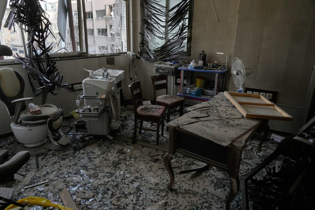 Debris is seen in a room of Gandhi Hospital, which was damaged when a strike hit a state TV communications tower and nearby buildings across the street, during the ongoing joint U.S.-Israeli military campaign in Tehran, Iran, Monday, March 2, 2026. (AP Photo/Vahid Salemi)