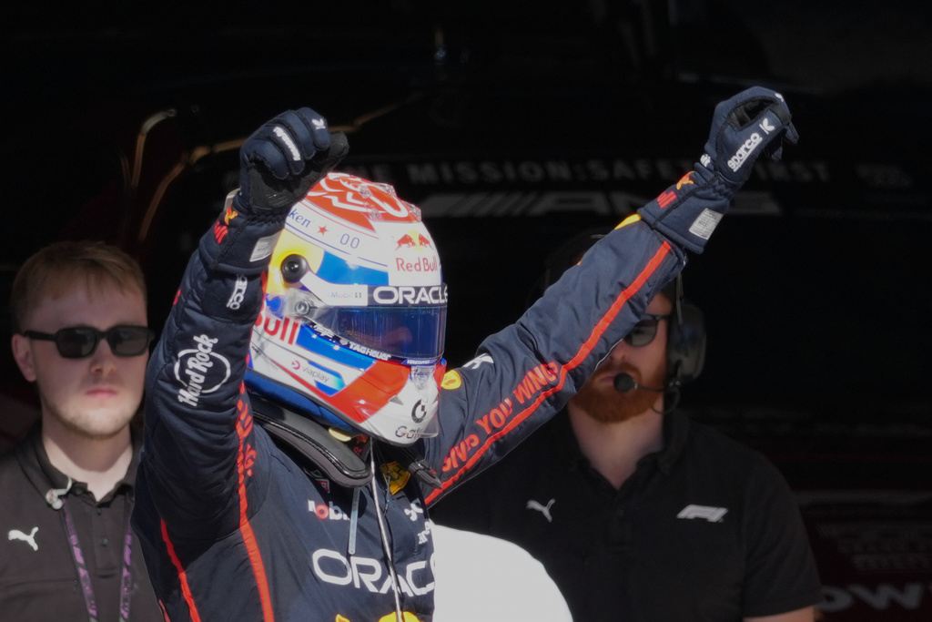 Red Bull driver Max Verstappen of the Netherlands celebrates after winning the Formula One U.S. Grand Prix auto race in Austin, Texas, Sunday, Oct. 19, 2025. (AP Photo/Nick Didlick)