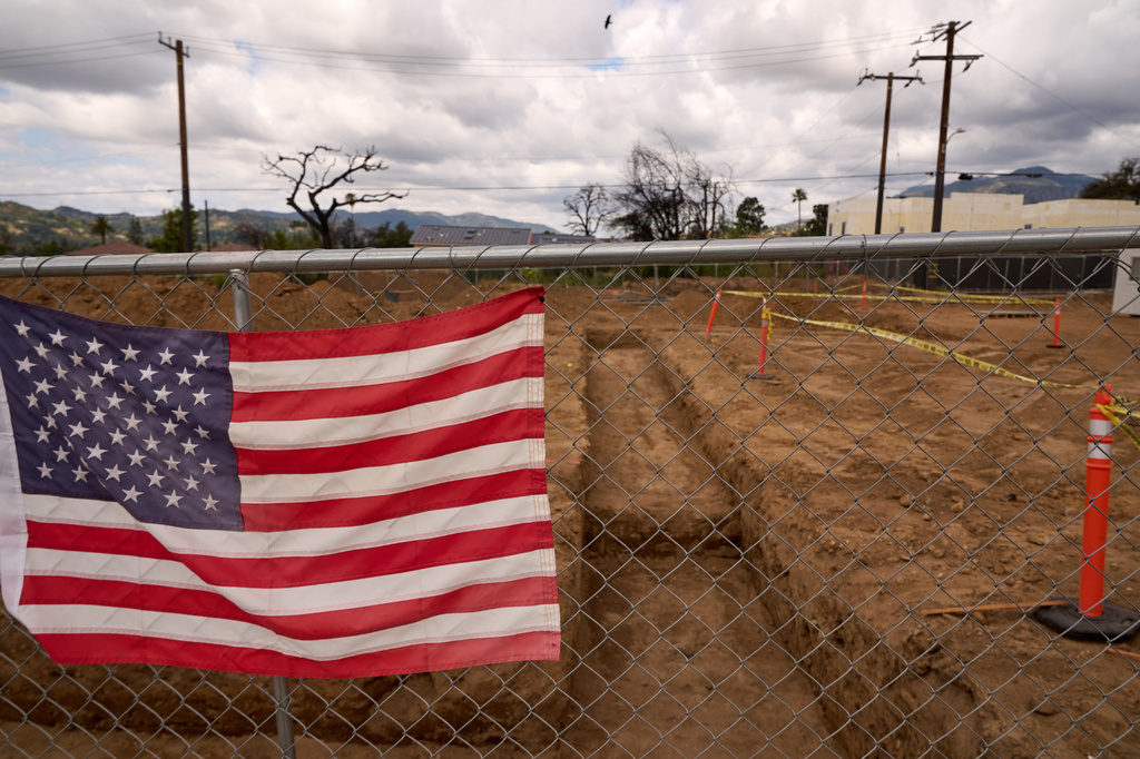 The new foundation for the Fountain of Life Nazarene Church is seen in Altadena, Calif., April 26, 2026. (AP Photo/Damian Dovarganes)
