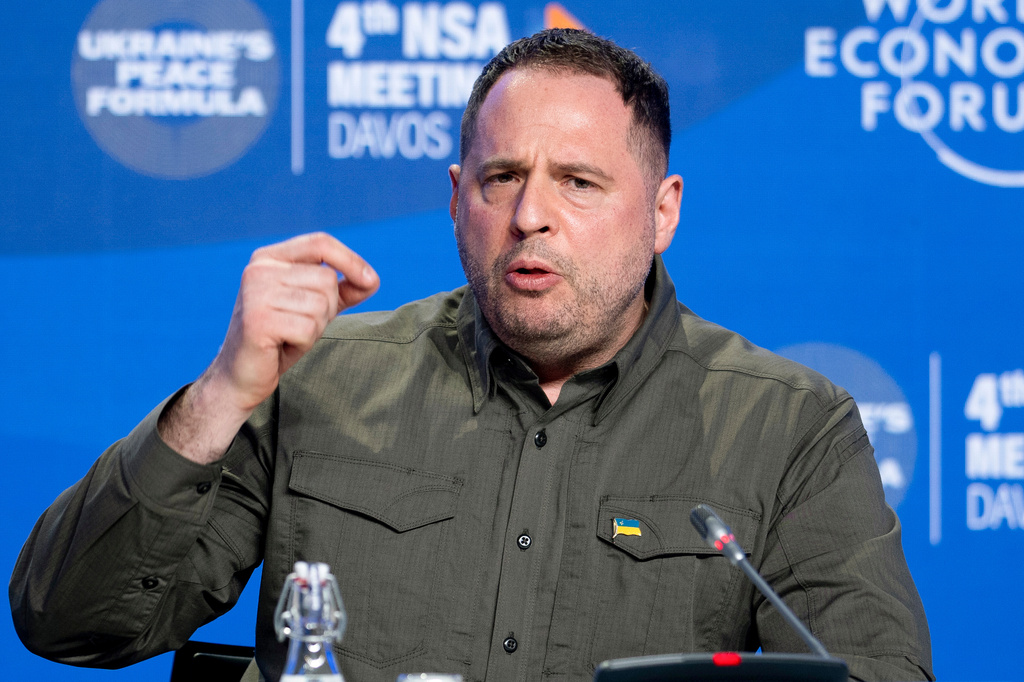 FILE - Ukraine's Head of the Office of the President Andrii Yermak speaks at a news conference in Davos, Switzerland, Jan. 14, 2024. (AP Photo/Markus Schreiber, File)