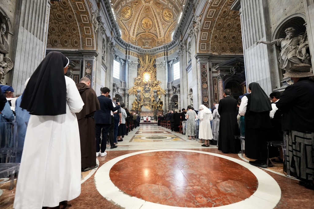 Pope Leo XIV celebrates the funeral service for late Cardinal Camillo Ruini, in St.Peter's Basilica at the Vatican, Thursday, June 18, 2026. (AP Photo/Andrew Medichini)