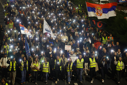 People march during a protest eleven months after the deadly train station tragedy that sparked mass demonstrations against corruption in Belgrade, Serbia, Wednesday, Oct. 1, 2025. (AP Photo/Marko Drobnjakovic) People march during a protest eleven months after the deadly train station tragedy that sparked mass demonstrations against corruption in Belgrade, Serbia, Wednesday, Oct. 1, 2025. (AP Photo/Marko Drobnjakovic)