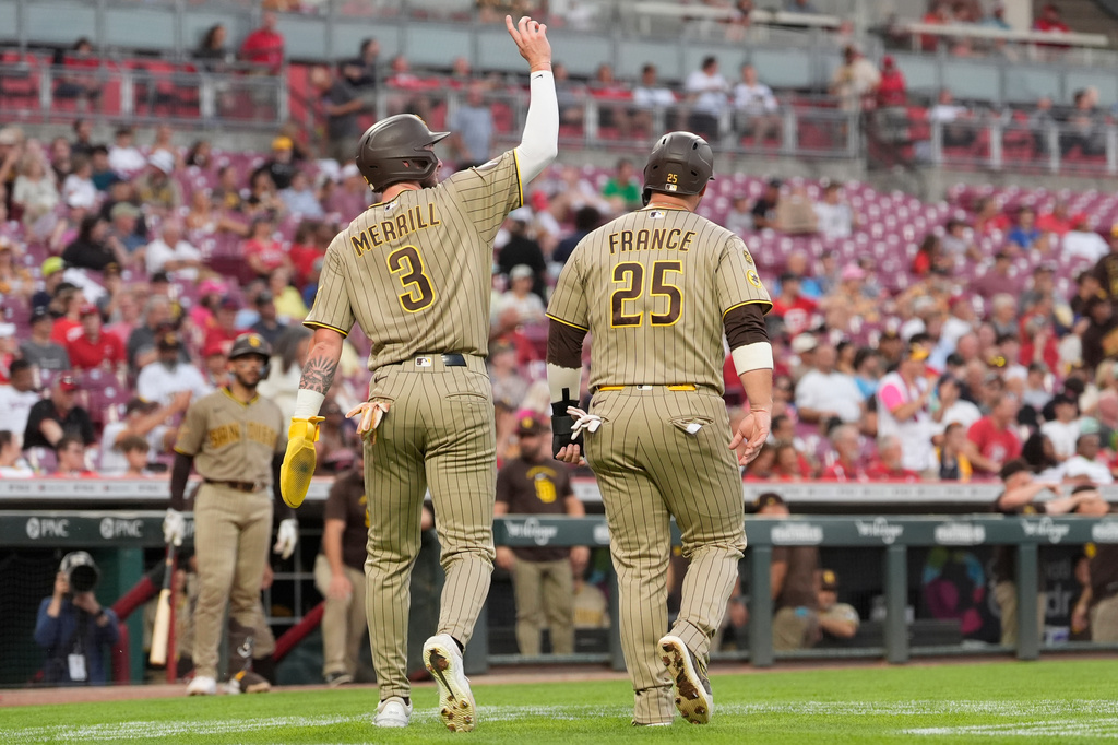 San Diego Padres Jackson Merrill, left, and Ty France, right, walk back to the dugout after scoring on a double hit by Xander Bogaerts during the fourth inning of a baseball game against the Cincinnati Reds, in Cincinnati, Monday, Aug. 31, 2026. (AP Photo/Carolyn Kaster)