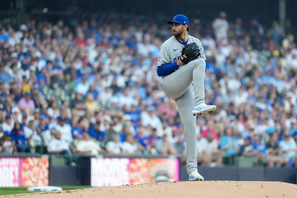 Chicago Cubs' David Peterson winds up to deliver during the first inning of a baseball game against the Milwaukee Brewers, Saturday, June 27, 2026, in Milwaukee. (AP Photo/Aaron Gash)