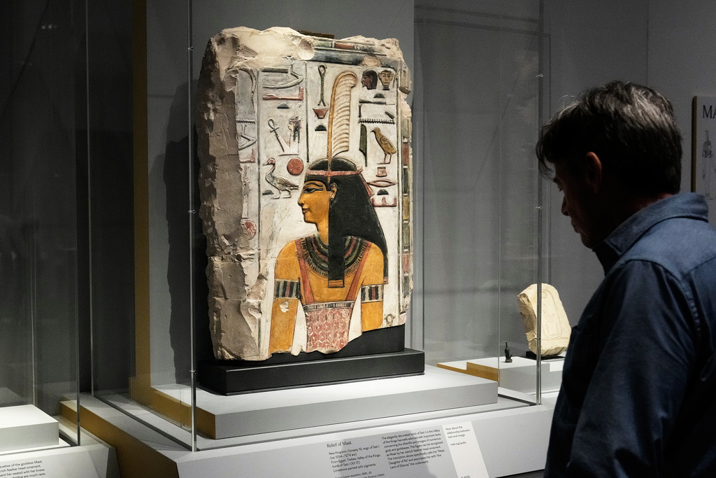 A relief of Matt is displayed in the Divine Egypt exhibition, at the Metropolitan Museum of Art, in New York, Tuesday, Oct. 14, 2025. (AP Photo/Richard Drew)