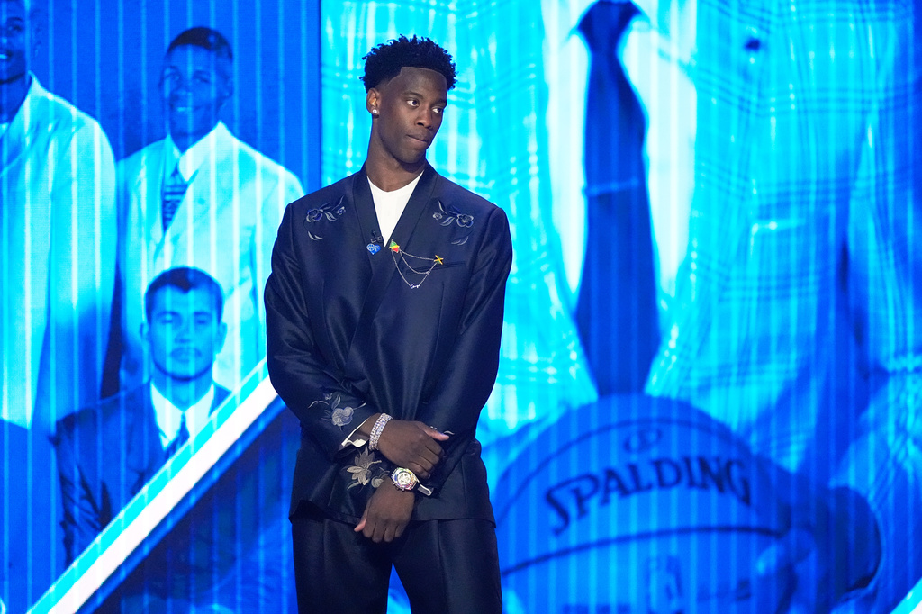 Draft prospect AJ Dybantsa is introduced at the NBA basketball draft, Tuesday, June 23, 2026, in New York. (AP Photo/Yuki Iwamura)