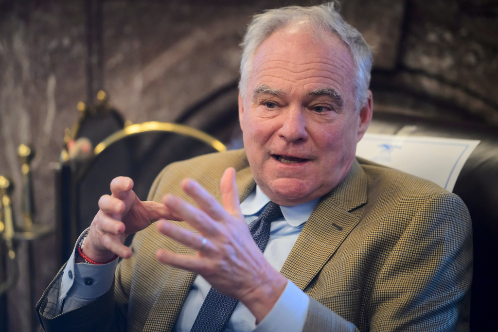 FILE - Sen. Tim Kaine, D-Va., speaks during a press briefing on the Iran war powers resolution at the Capitol, March 9, 2026, in Washington. (AP Photo/Rod Lamkey, Jr., File)
