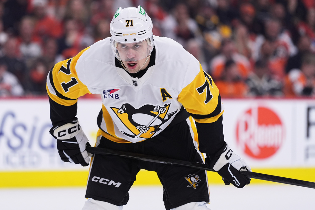 FILE - Pittsburgh Penguins' Evgeni Malkin plays during Game 3 in the first round of the NHL Stanley Cup hockey playoffs, April 22, 2026, in Philadelphia. (AP Photo/Matt Slocum, File)