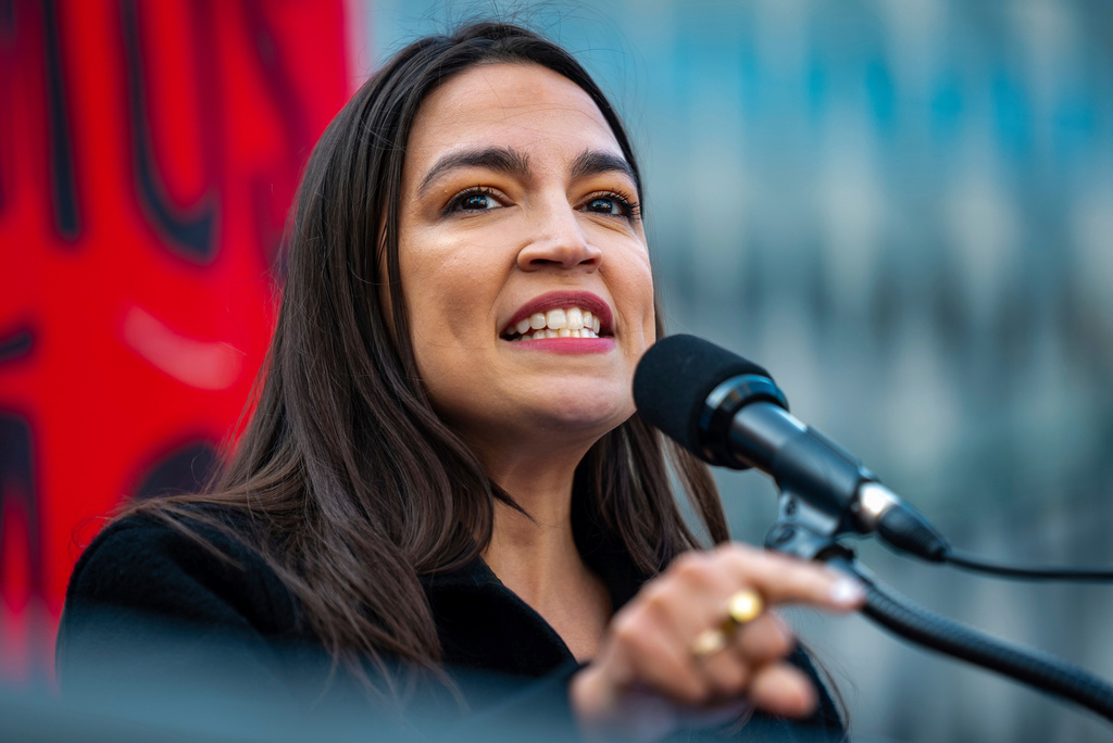 FILE - Rep. Alexandria Ocasio-Cortez, D-N.Y., speaks at the NYCLU's May Day rally for worker's and immigrants rights at Foley Square, May 1, 2025, in New York. (AP Photo/Angelina Katsanis, File)