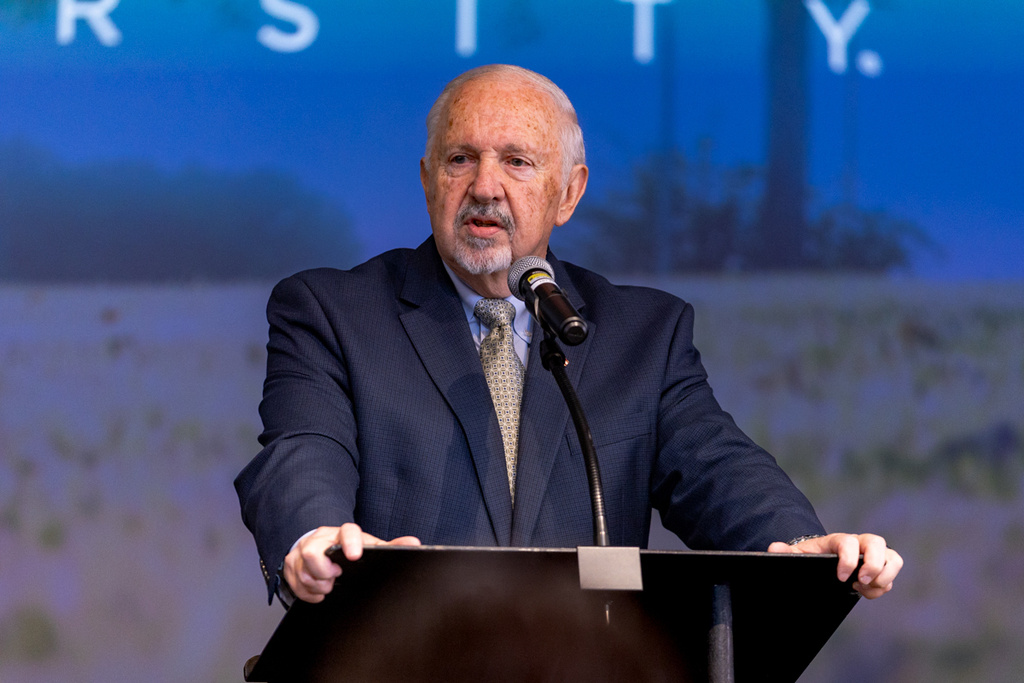 Truett McConnell University Interim President Dr. John O. Yarbrough speaks during a news conference at the school’s Cleveland, Ga., campus on Friday, Sept, 26, 2025. (Daniel Purcell/NowHabersham.com via AP)