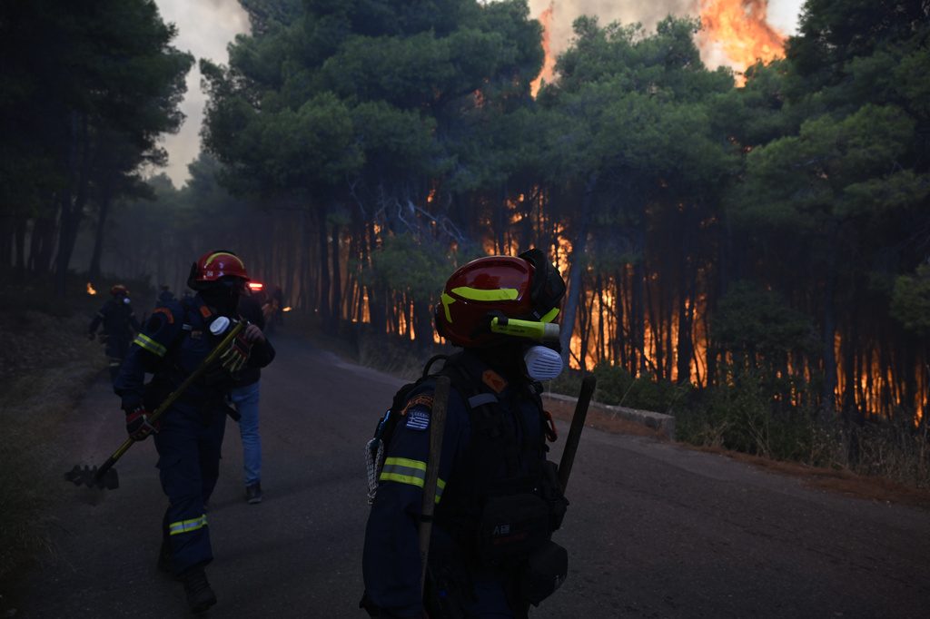 Firefighters operate near a burning forest during a wildfire near Porto Germeno, northwest of Athens, Greece, Saturday, Aug. 1, 2026. (AP Photo/Michael Varaklas)