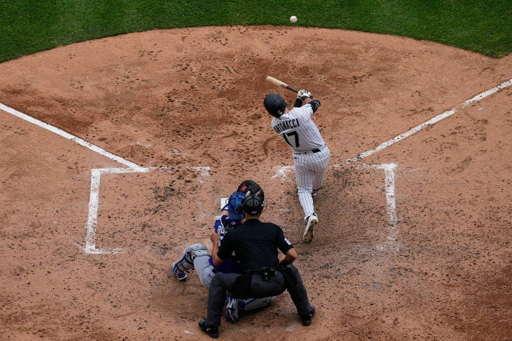 Chicago White Sox's Sam Antonacci hits a solo home run during the sixth inning of a baseball game against the Los Angeles Dodgers in Chicago, Sunday, June 14, 2026. (AP Photo/Nam Y. Huh)