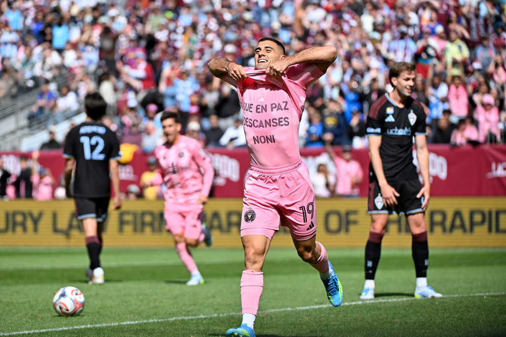 Inter Miami CF forward Germán Berterame celebrates after scoring a goal in the first half of an MLS soccer game against the Colorado Rapids Saturday, April 18, 2026, in Denver. (AP Photo/Geneva Heffernan)