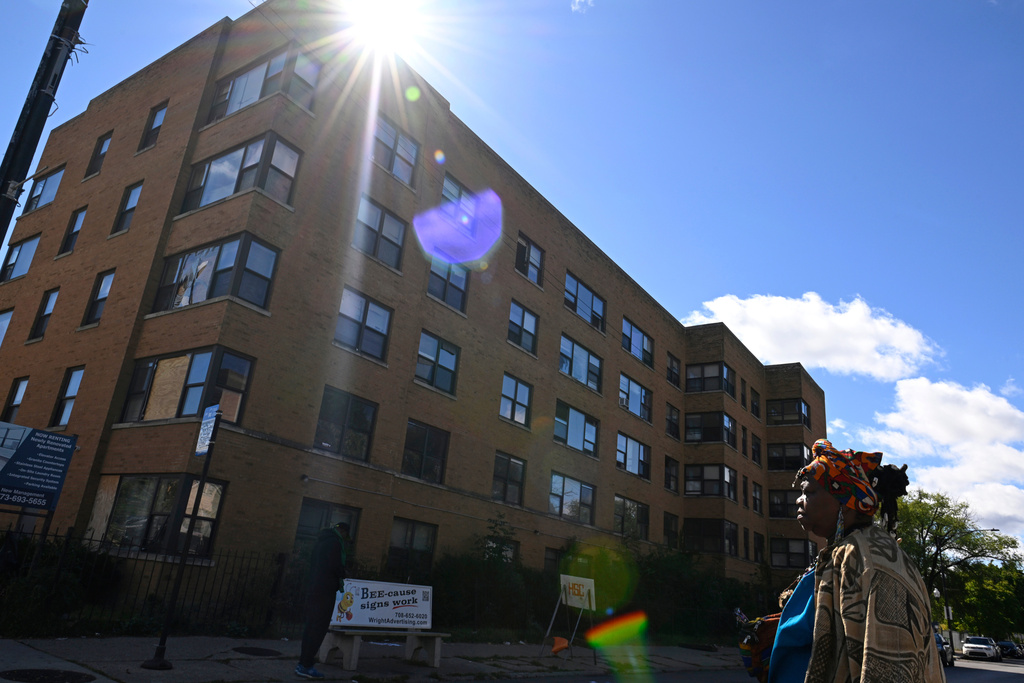 The apartment building at 7500 South Shore Drive in Chicago, which was raided by ICE agents is seen on Oct. 8, 2025. (AP Photo/Paul Beaty)