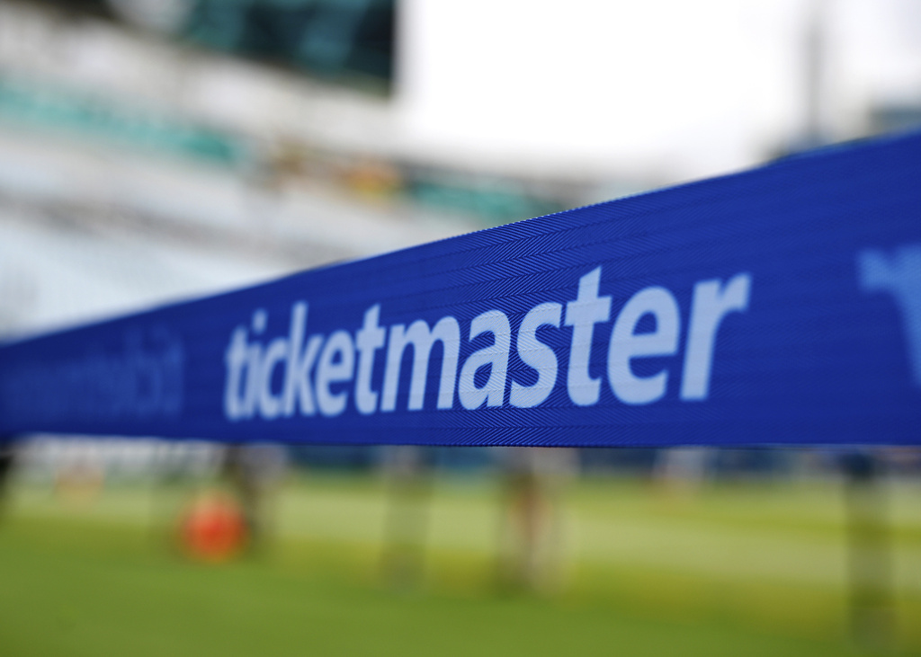 FILE - An advertisement for Ticketmaster is viewed along an area reserved for special guests on the sideline of the field before an NFL football game, Sunday, Sept. 15, 2024, in Jacksonville, Fla. (AP Photo/Phelan M. Ebenhack, file)