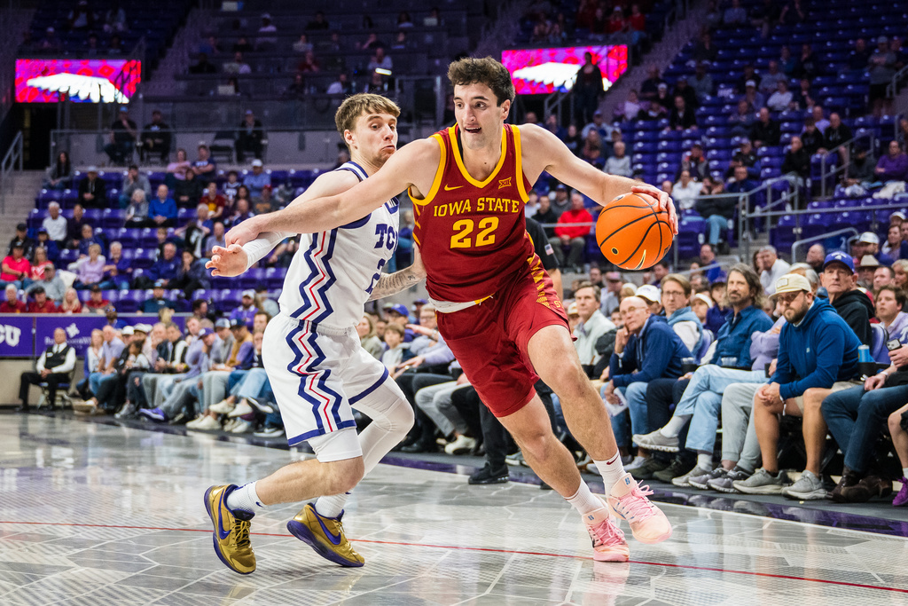 Iowa State forward Milan Momcilovic (22) drives the ball during an NCAA college basketball game against TCU, Tuesday, Feb. 10, 2026, in Fort Worth, Texas. (AP Photo/Jessica Tobias)