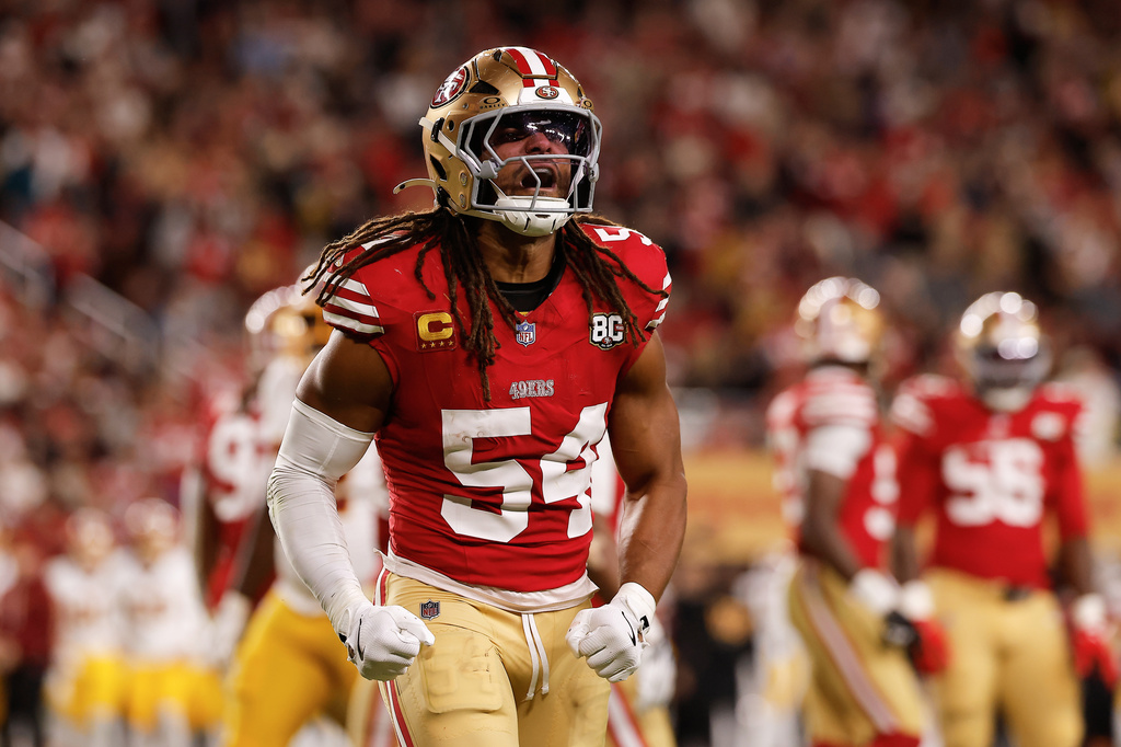 San Francisco 49ers linebacker Fred Warner (54) reacts during the second half of an NFL football game against the Washington Commanders in Santa Clara, Calif., Monday, Oct. 19, 2026. (AP Photo/Kelley L. Cox)