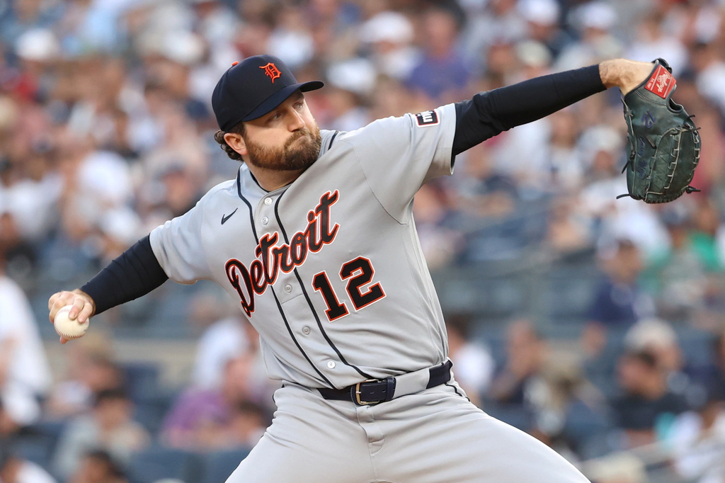 Detroit Tigers pitcher Casey Mize throws during the second inning of a baseball game against the New York Yankees, Monday, June 29, 2026, in New York. (AP Photo/Pamela Smith)