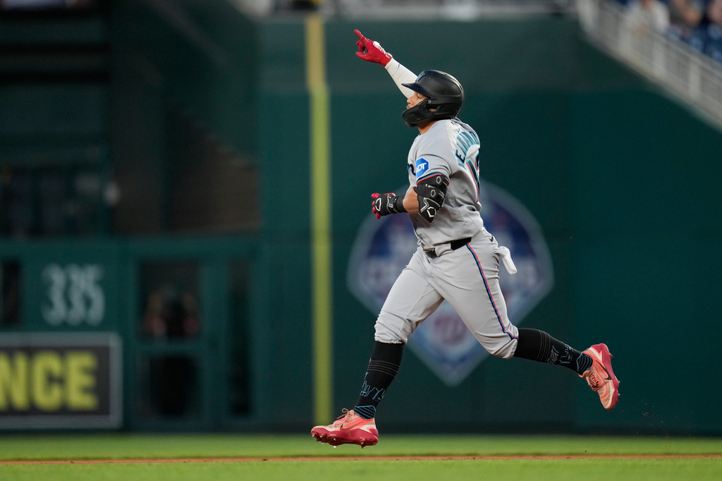 Miami Marlins' Heriberto Hernández celebrates after his home run against the Washington Nationals as he runs the bases during the sixth inning of a baseball game, Monday, June 1, 2026, in Washington. (AP Photo/Jess Rapfogel)