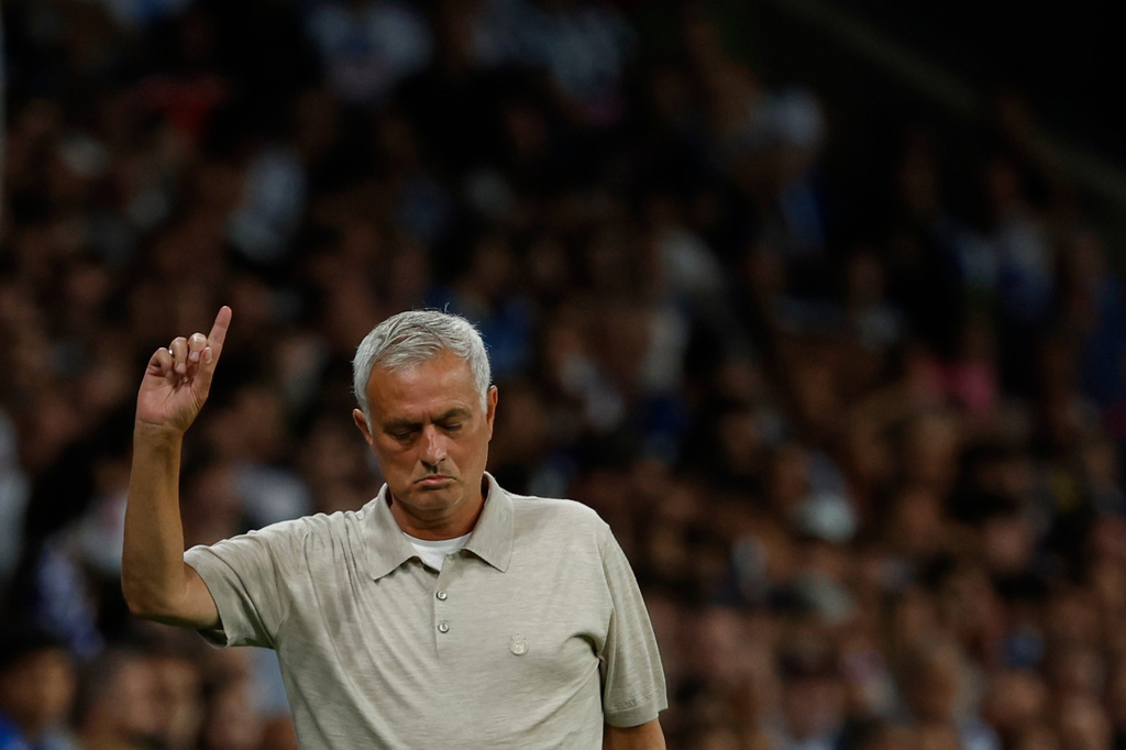 Real Madrid's head coach Jose Mourinho gestures during a Spanish La Liga soccer match between Espanyol and Real Madrid in Barcelona, Spain, Saturday, Aug. 22, 2026. (AP Photo/Joan Monfort)