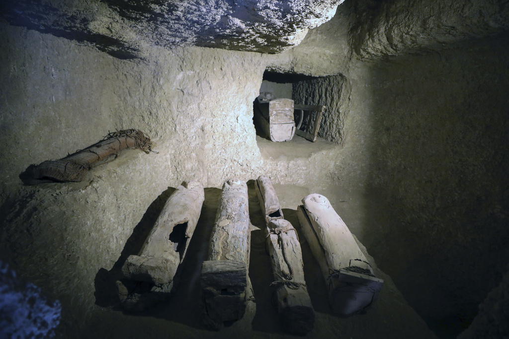 A recently discovered ancient rock-cut tomb discovered by Zahi Hawass Foundation for Antiquities & Heritage at the causeway of Queen Hatshepsut's Funerary temple at Deir al-Bahri on the Nile's West Bank, in Luxor, Egypt, Wednesday, Jan. 8, 2025. (AP Photo/Khaled Elfiqi)