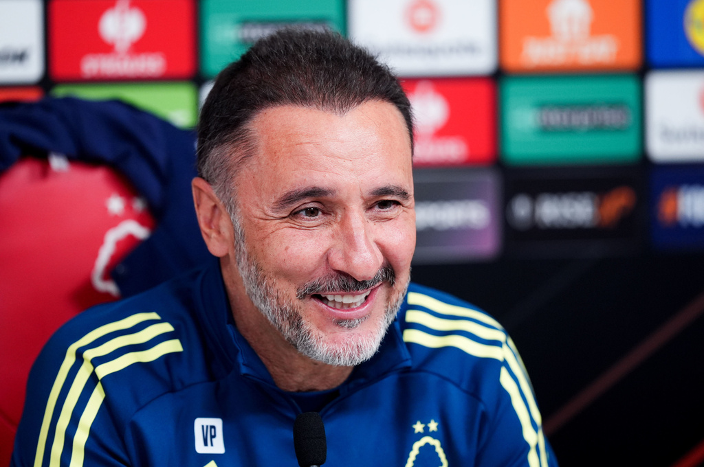 Nottingham Forest manager Vitor Pereira attends a press conference in Nottingham, England, Wednesday April 29, 2026, a day ahead of the Europa League semifinal between Nottingham Forest and Aston Villa. (Mike Egerton/PA via AP)