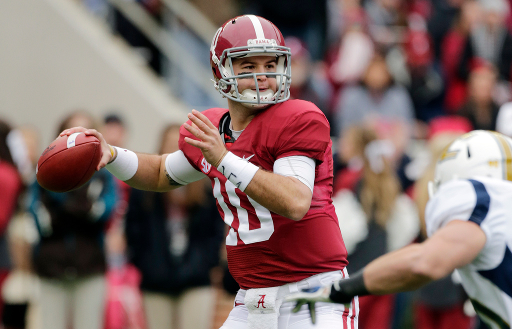 FILE - Alabama quarterback AJ McCarron (10) looks for a receiver during the first half of an NCAA college football game against Chattanooga in Tuscaloosa, Ala., Saturday, Nov. 23, 2013. (AP Photo/Dave Martin, File)