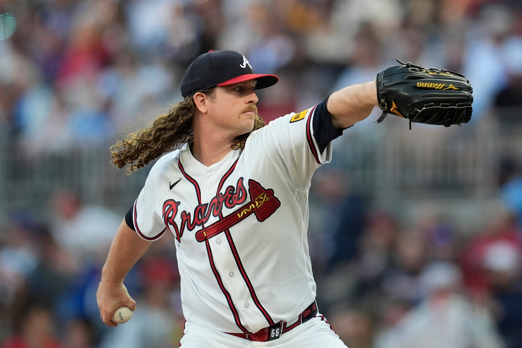 Atlanta Braves pitcher Grant Holmes (66) works in the third inning of a baseball game against the Chicago Cubs, Tuesday, May 12, 2026, in Atlanta. (AP Photo/Mike Stewart)