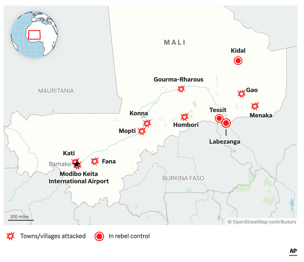 The image above shows the country of Mali and the towns there which have come under recent attack and some overtaken by Islamic militants. (AP Digital Embed)