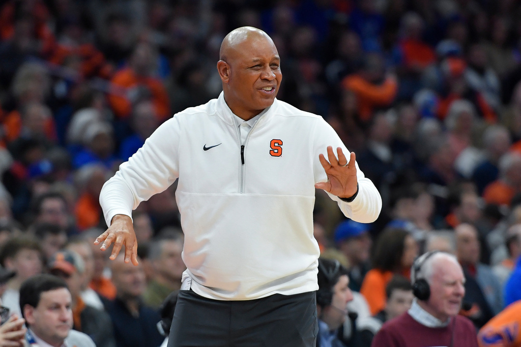 FILE - Syracuse head coach Adrian Autry gestures during the first half of an NCAA college basketball game against Duke in Syracuse, N.Y., Feb. 5, 2025. (AP Photo/Adrian Kraus, File)