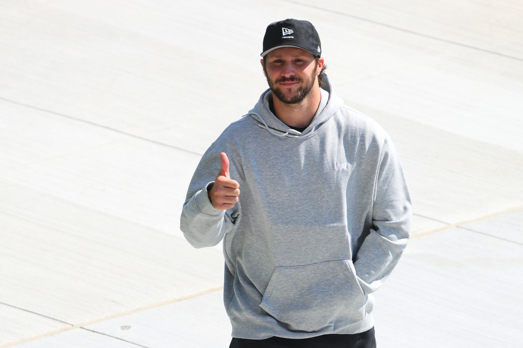 Buffalo Bills quarterback Josh Allen arrives for a preseason NFL football game against the Pittsburgh Steelers in Orchard Park, NY., Thursday, Aug. 27, 2026. (AP Photo/Jeffrey T. Barnes)