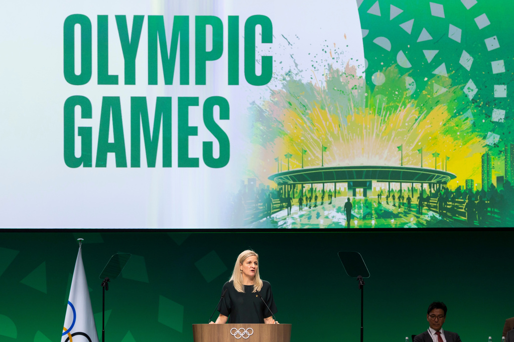 International Olympic Committee (IOC) President Kirsty Coventry, speaks during the 146th Session of the International Olympic Committee (IOC) at the SwissTech Convention Centre, in Lausanne, Switzerland, Wednesday, June 24, 2026. (Cyril Zingaro/Keystone via AP)