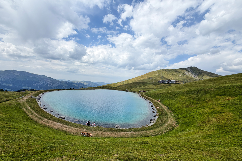A water reservoirs for snowmaking photographed at the Lenk valley near Adelboden, Switzerland, Monday, Aug. 3, 2026. (AP Photo/Hernan Munoz)