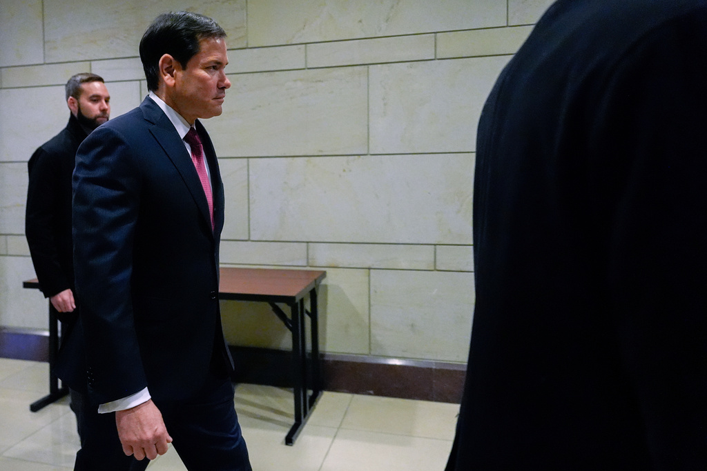 Secretary of State Marco Rubio arrives to brief members of Congress on military strikes near Venezuela, Tuesday, Dec. 16, 2025, at the Capitol in Washington. (AP Photo/Julia Demaree Nikhinson)