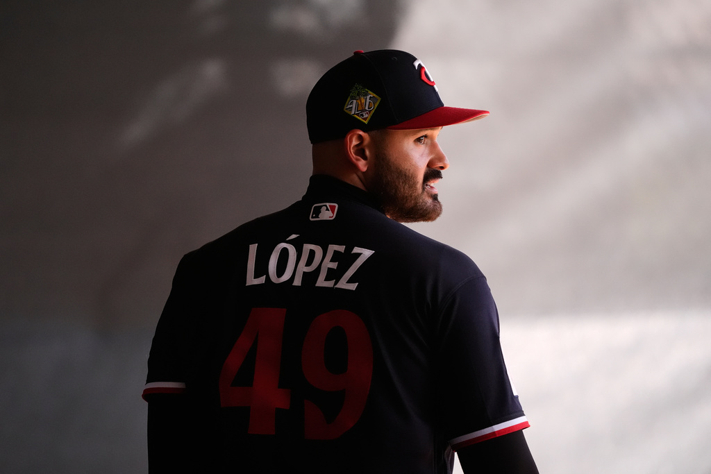 Minnesota Twins pitcher Pablo Lopez warms up during a spring training baseball workout in Fort Myers, Fla., Monday, Feb. 16, 2026. (AP Photo/Gerald Herbert)