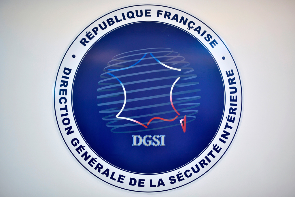 FILE - The logo of the French General Directorate for Internal Security (DGSI) is pictured in Paris, Monday Aug. 31, 2020. .(Stephane de Sakutin, Pool photo via AP, File)