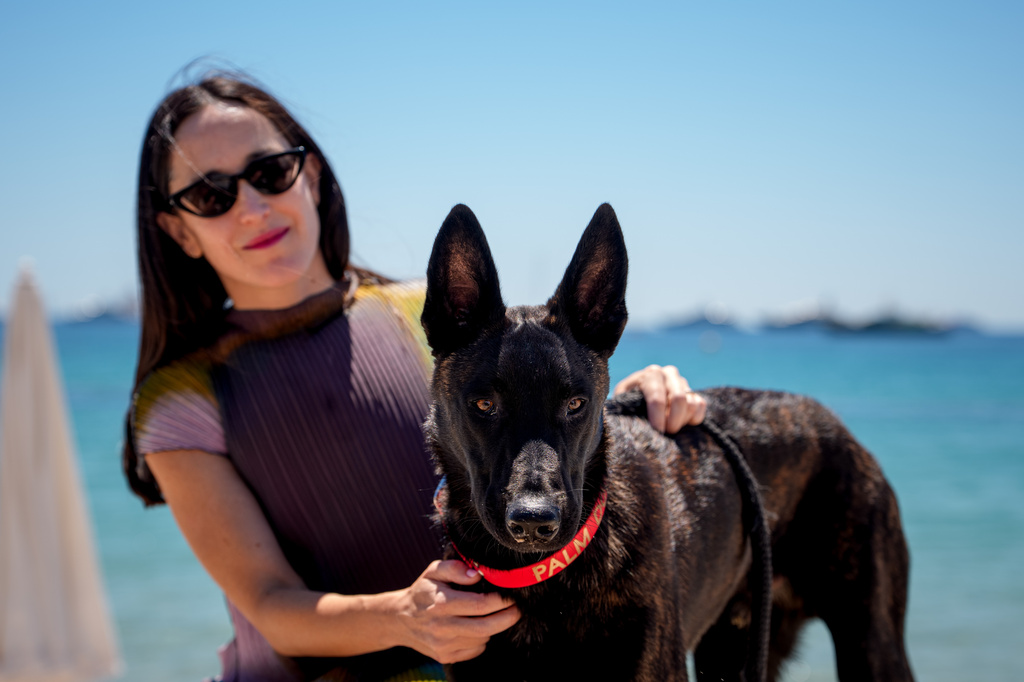 Dominga Sotomayor, left, director of the film "La Perra" poses with Apocalypse after accepting the palm dog award on behalf of Yuri, who could not attend, at the end the Palm Dog award ceremony at the 79th international film festival, Cannes, southern France, Friday, May 22, 2026. (AP Photo/Andreea Alexandru)