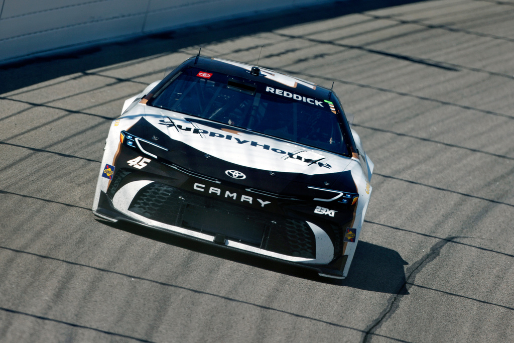 Tyler Reddick heads through Turn 1 during a NASCAR Cup Series auto race at Kansas Speedway in Kansas City, Kan., Sunday, April 19, 2026. (AP Photo/Colin E. Braley)