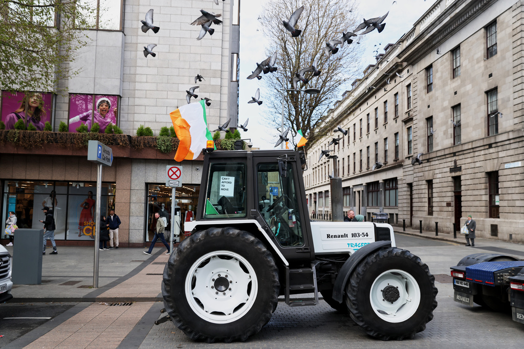 Tractors block O'Connell Street on the fifth day of the National Fuel Protest, in Dublin, Ireland, Saturday, April 11, 2026. (AP Photo/Peter Morrison)